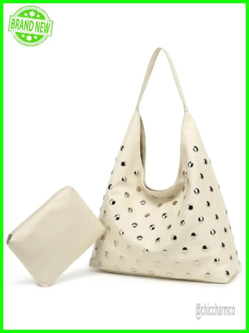 Studded Hobo Bag Vegan Leather Tote Purse Soft Slouchy Shoulder Bag